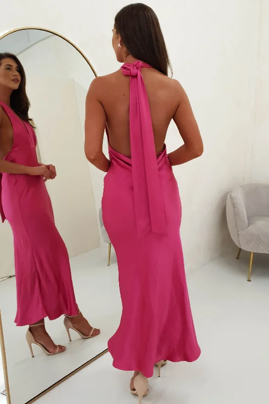 Kaylah Satin Halter Neck Maxi Dress | Fuchsia