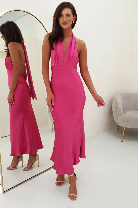 Kaylah Satin Halter Neck Maxi Dress | Fuchsia