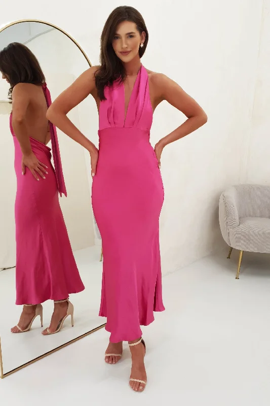 Kaylah Satin Halter Neck Maxi Dress | Fuchsia