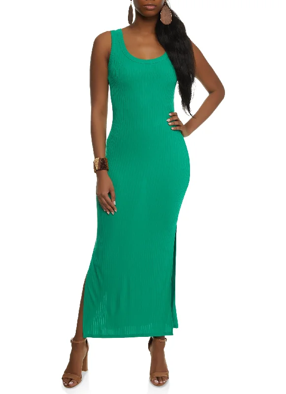 Ribbed Knit Side Slit Maxi Tank Dress