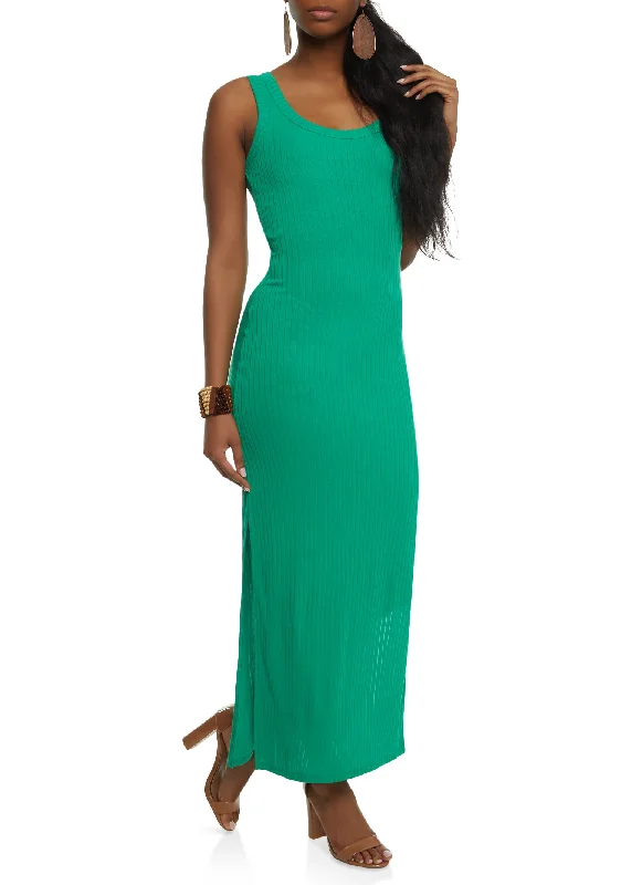 Ribbed Knit Side Slit Maxi Tank Dress