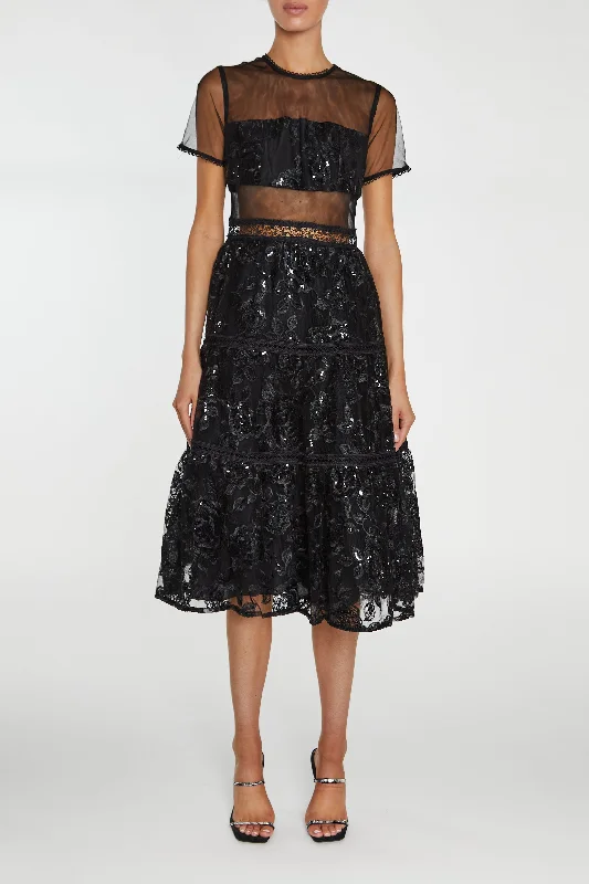 Raven Black Sequin-Embroidered Panelled Skater Midi Dress