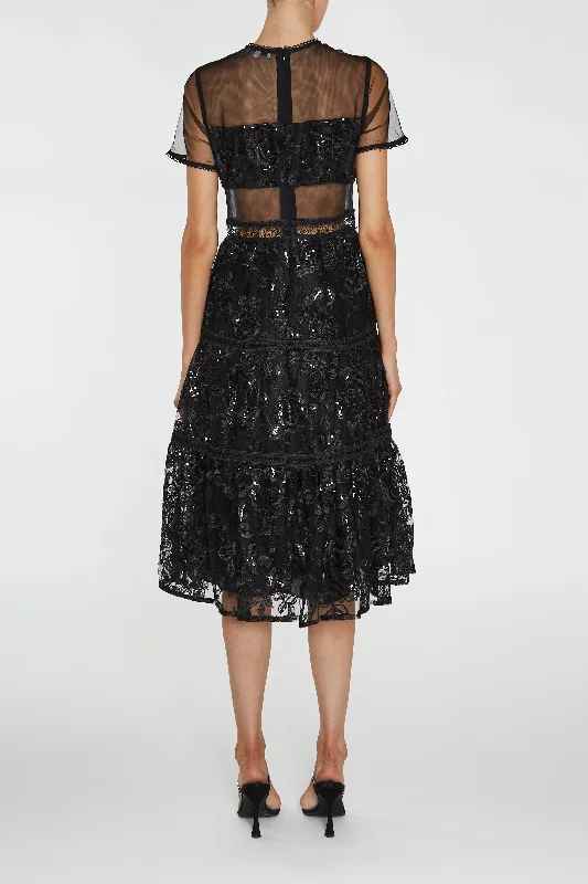 Raven Black Sequin-Embroidered Panelled Skater Midi Dress