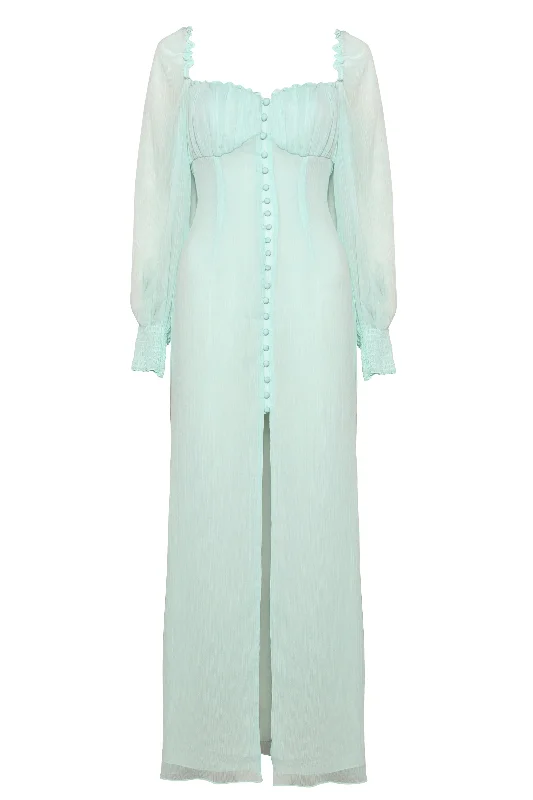 Pale Aqua Button Front Split Front Maxi Dress