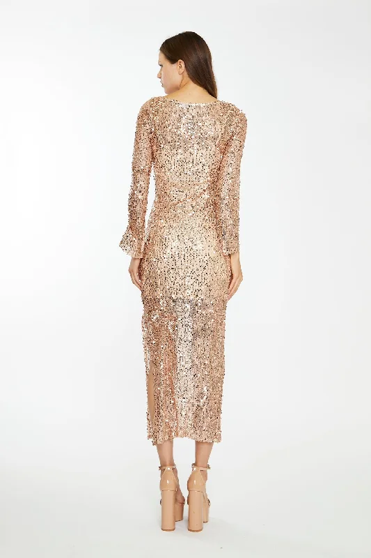 Rose-Gold Sequin Mesh V-Neck Maxi-Dress