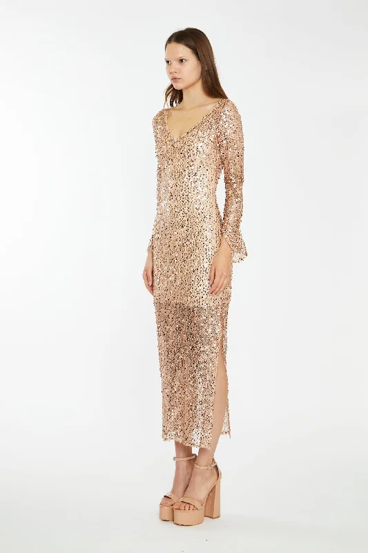 Rose-Gold Sequin Mesh V-Neck Maxi-Dress