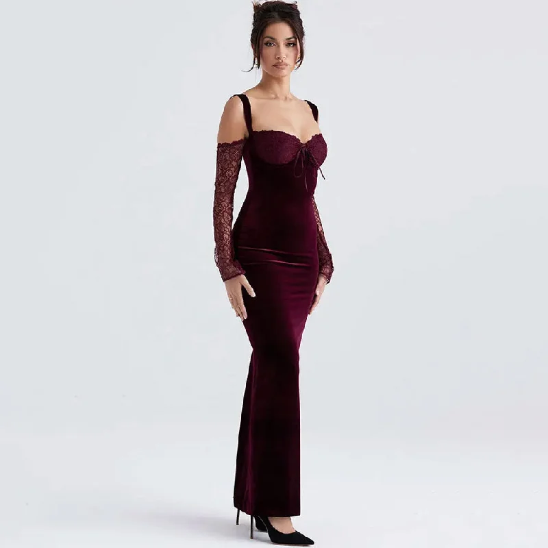 Lavish Velvet Lace Tie Front Cold Shoulder Long Sleeve Fishtail Maxi Dress