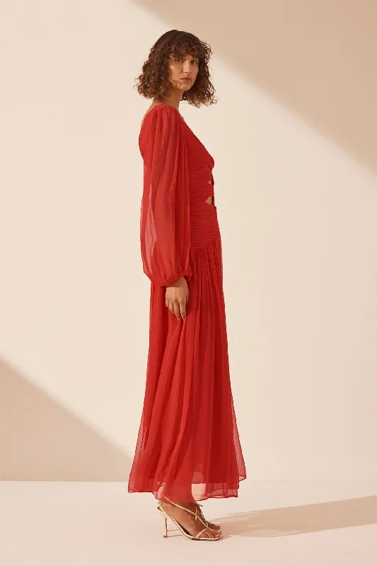 MARGOT LONG SLEEVE ONE SHOULDER LACE UP MAXI DRESS - SAILOR RED