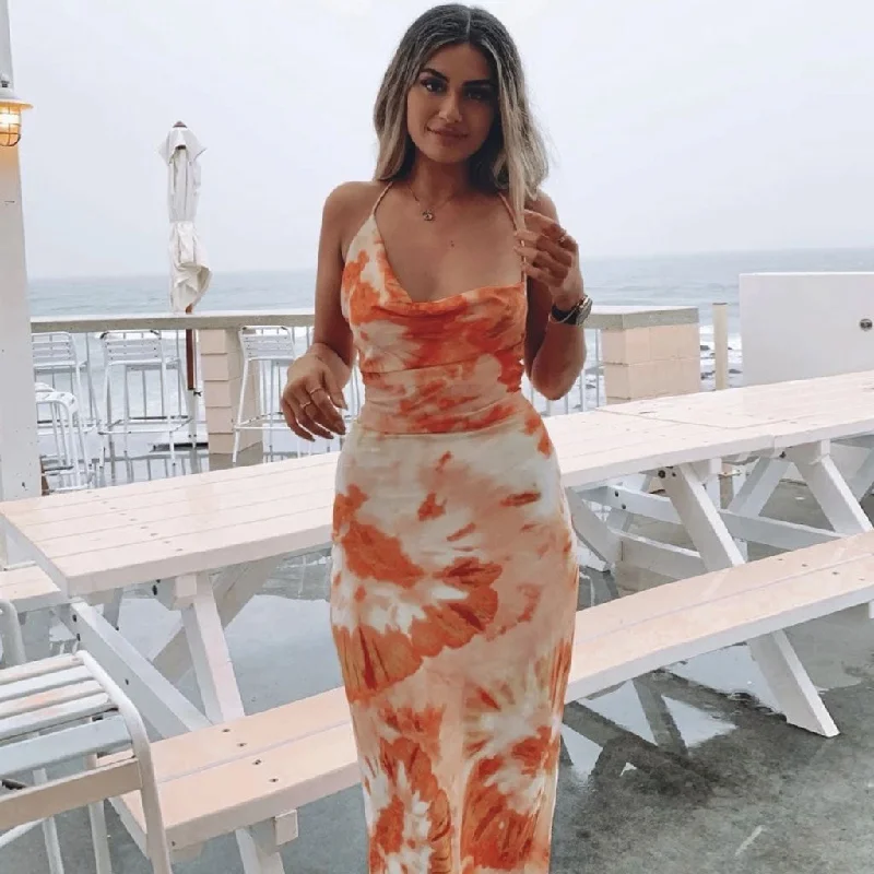 Fresh Floral Print Cowl Neck Maxi Dress - Burnt Orange