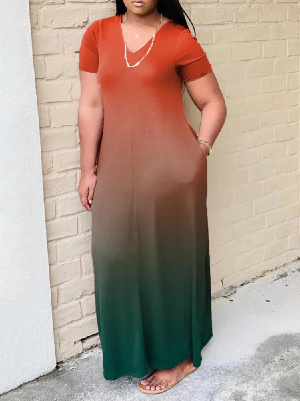 Ombre Colorblock Short Sleeve Pocket Design Maxi Dress for Women