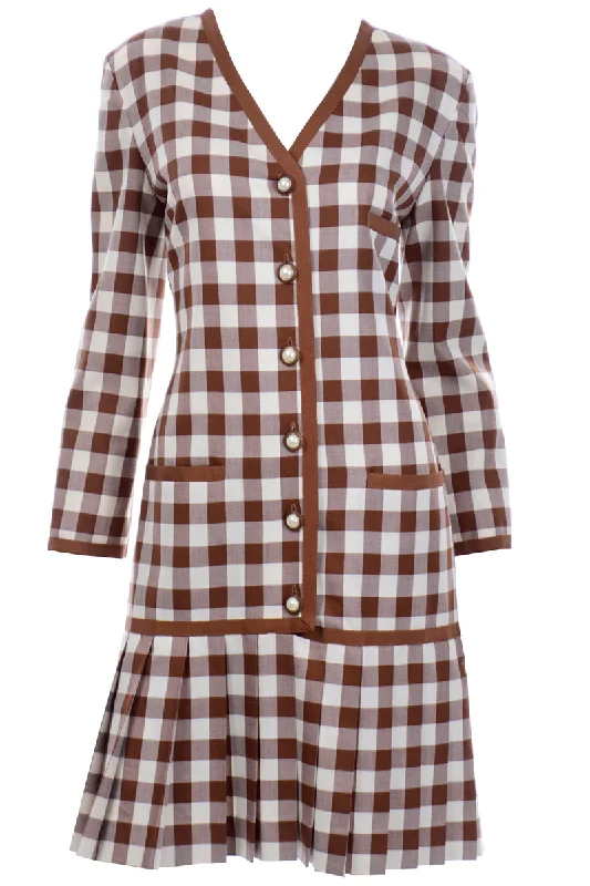 1980s Oscar de la Renta Deadstock w Tags Vintage Brown & White Check Dress