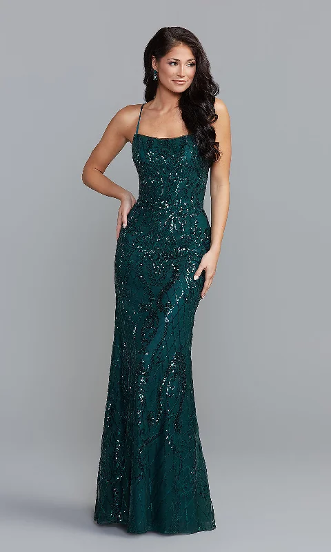 Sequin-Print Long Formal Dress with Statement Back