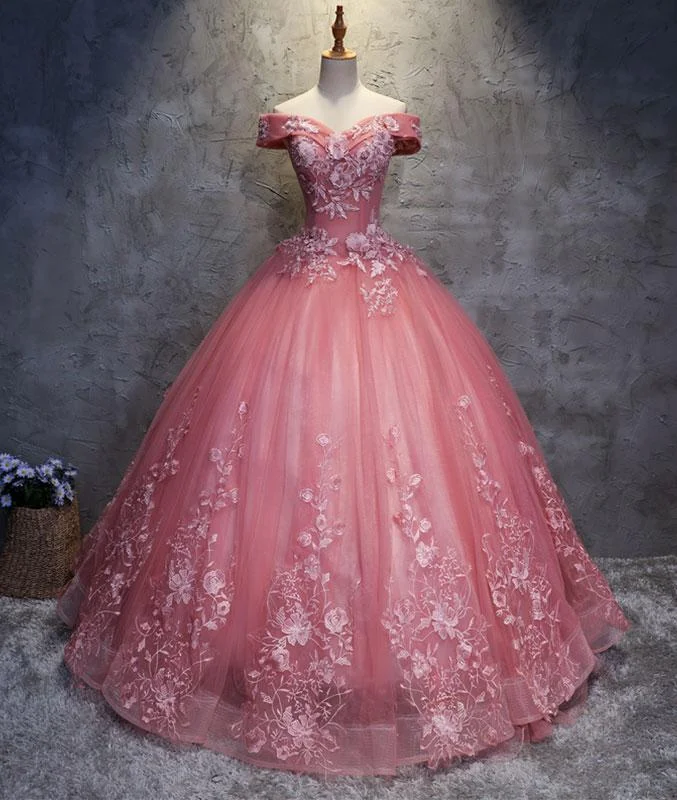 Pink sweetheart tulle lace applique long prom gown, sweet 16 dress M4808