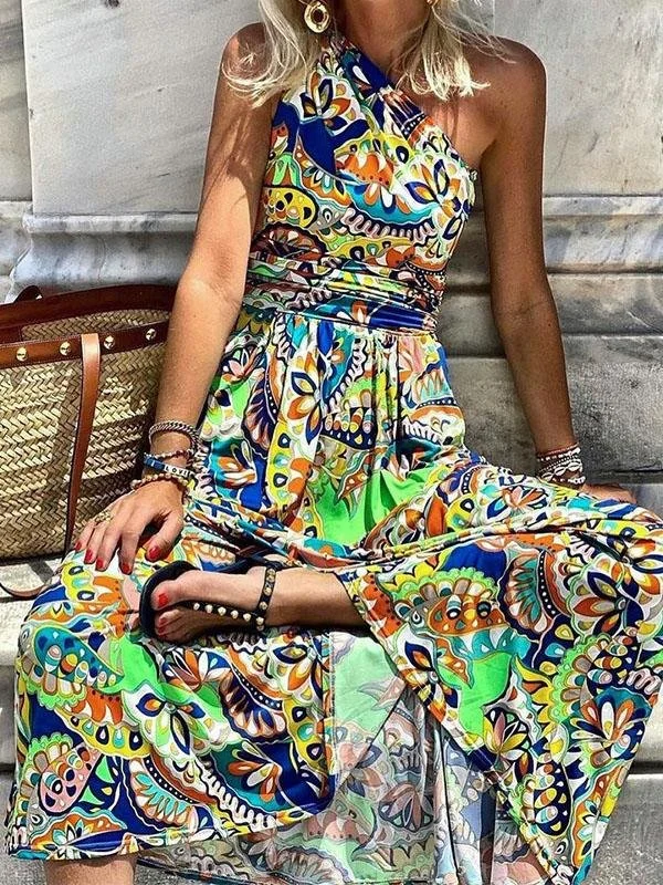 Printed One-Shoulder Sleeve Bohemian Dress