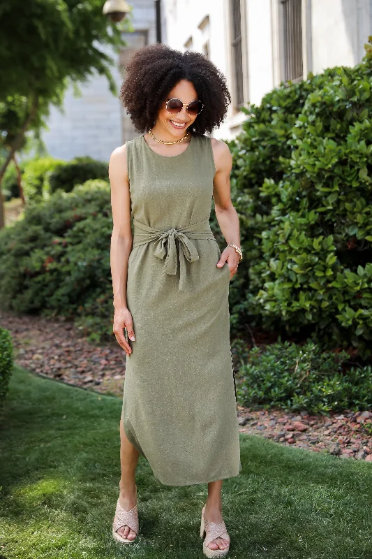 Relaxed Charm Olive Linen Tie-Front Maxi Dress