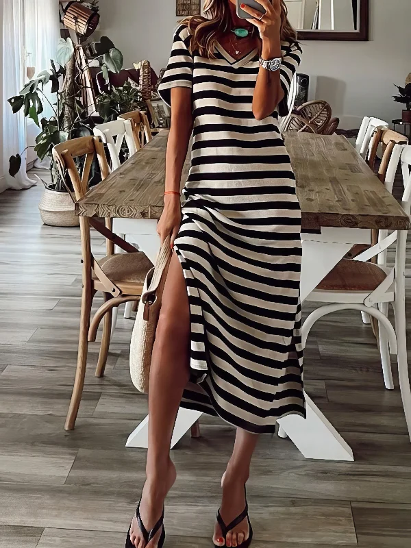 Striped Print V-Neck Short Sleeve Slit Dress