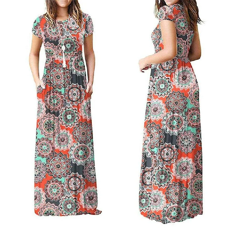 FashionSierra - Summer Short Sleeve Long Dress Floral Print Boho Beach Dress Tunic Maxi Dress