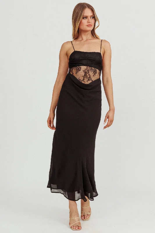 These Days Backless Lace Waist Maxi Dress Black