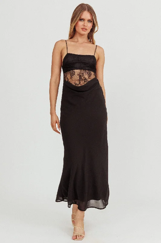 These Days Backless Lace Waist Maxi Dress Black