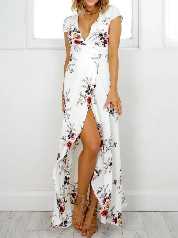 V-neck Print Split Beach Long Dresses