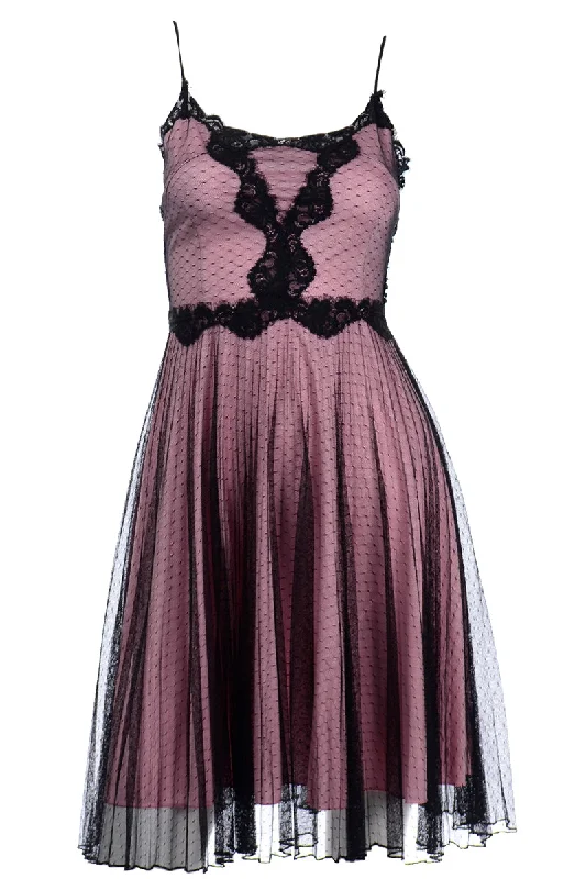 1990s Betsey Johnson Pink Vintage Dress With Black Net Overlay & Lace