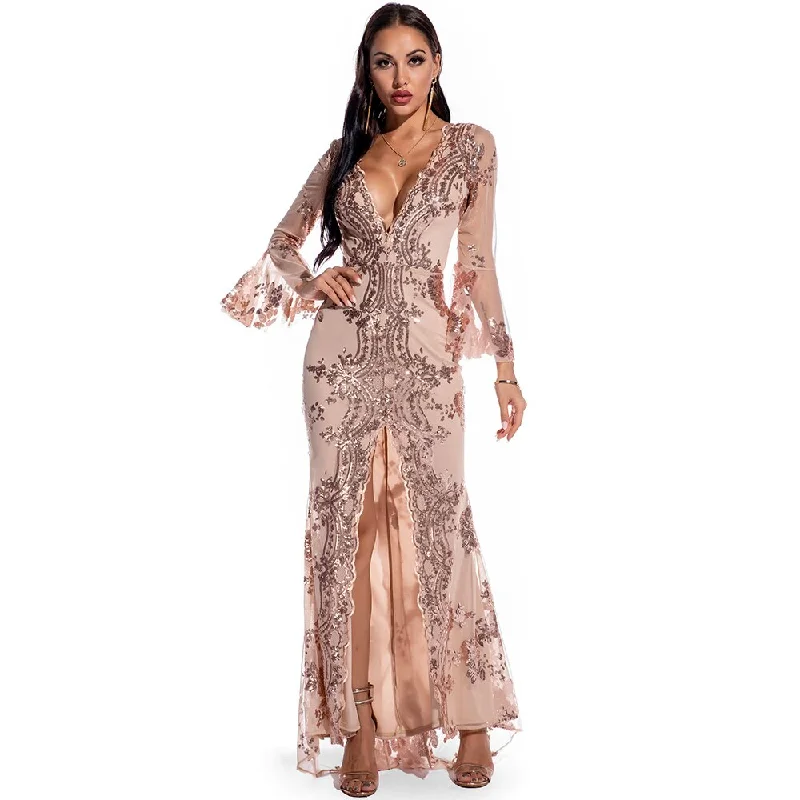 Vintage Sequin Mesh Sleeve Maxi Dresses