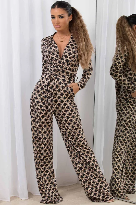 Wide Leg Long Sleeve Jumpsuit With Chain Print