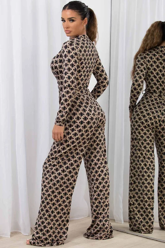 Wide Leg Long Sleeve Jumpsuit With Chain Print