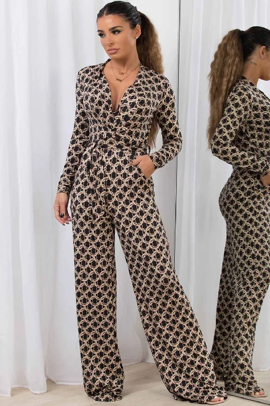 Wide Leg Long Sleeve Jumpsuit With Chain Print