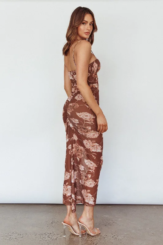 Zosia Ruched Maxi Dress Floral Coffee