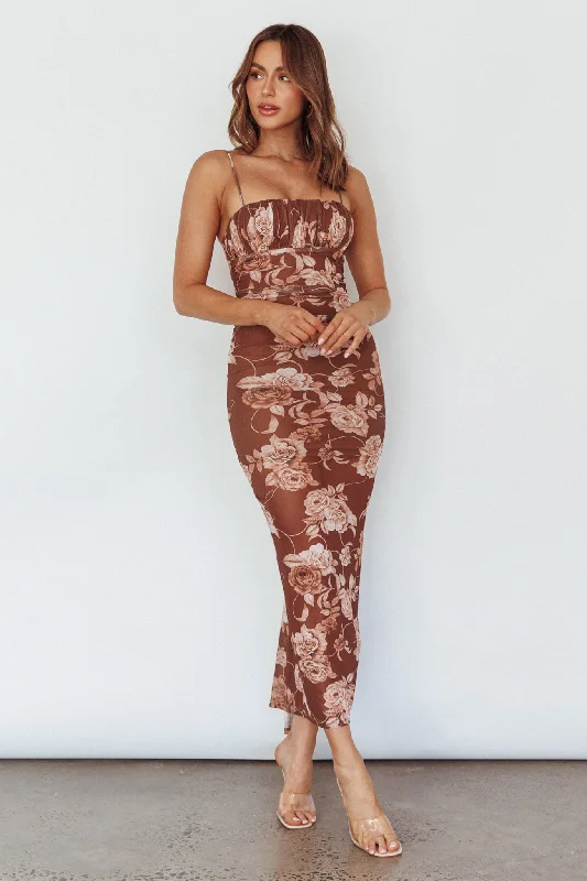 Zosia Ruched Maxi Dress Floral Coffee