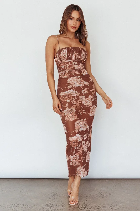 Zosia Ruched Maxi Dress Floral Coffee