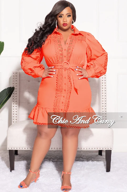 Final Sale Plus Size Collar Button Up Dress with Ruffle Bottom in Orange