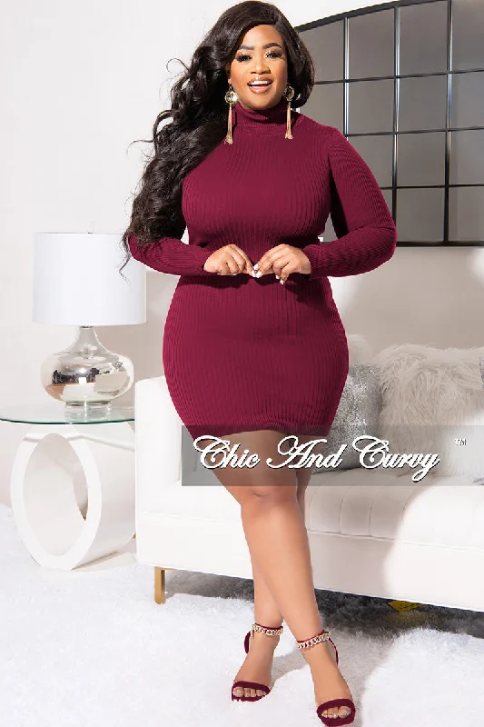 Final Sale Plus Size Ribbed Turtle Neck Dress in Burgundy