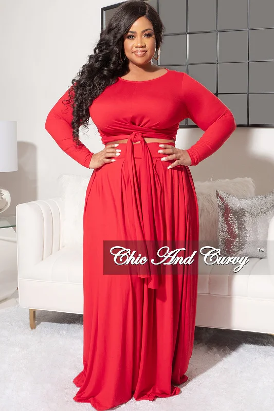 Final Sale Size 2pc Long Sleeve Tie Top Maxi Skirt Set in Red by