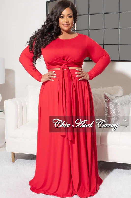 Final Sale Size 2pc Long Sleeve Tie Top Maxi Skirt Set in Red by