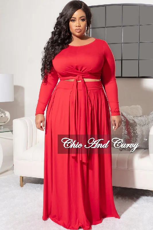 Final Sale Size 2pc Long Sleeve Tie Top Maxi Skirt Set in Red by