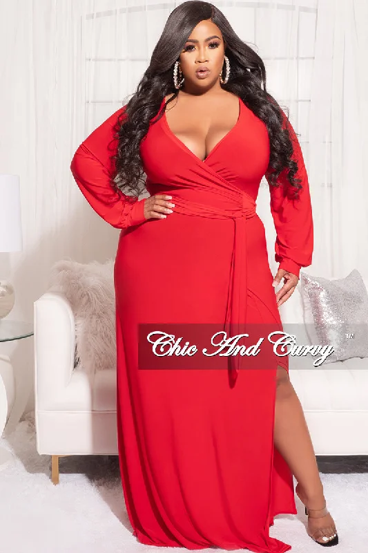 Final Sale Plus Size Faux Wrap Maxi Dress with Side Slit in Red