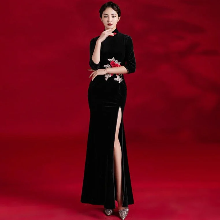 3/4 Sleeve Floral Embroidery Velvet Cheongsam Mermaid Evening Dress