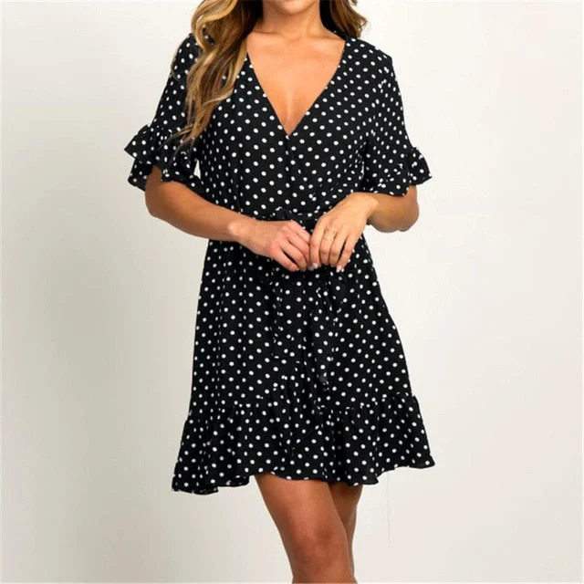 Aachoae Summer Dress 2020 Boho Style Beach Dress Fashion Short Sleeve V-neck Polka Dot A-line Party Dress Sundress Vestidos