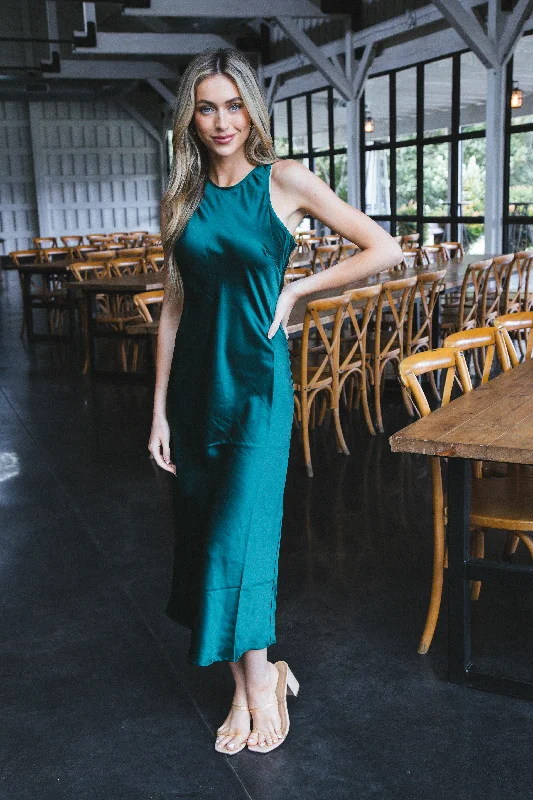 Afterglow Satin Long Dress, Hunter Green