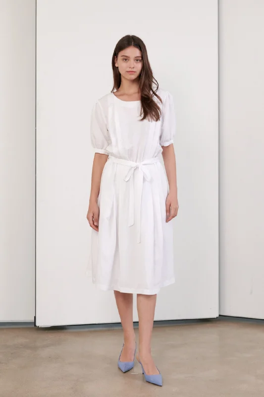 Linen Pleats Puff Sleeve Dress In White