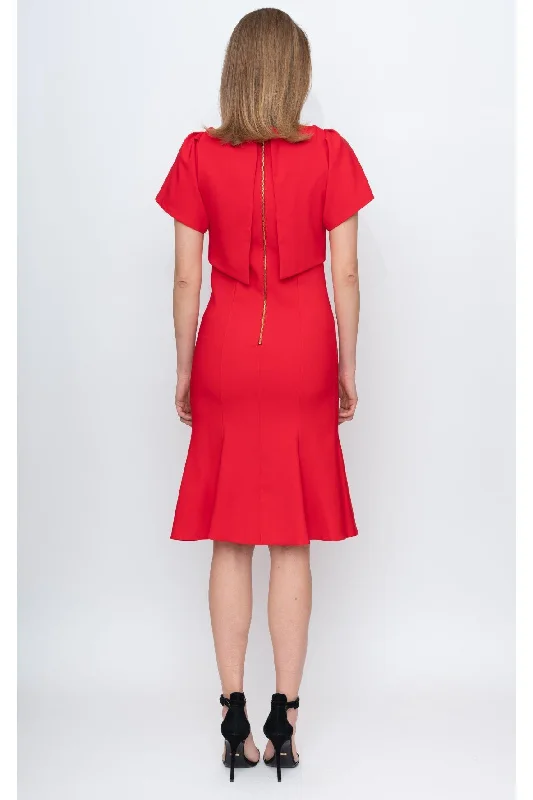 Stretch Crepe Midi Dress with Fluted Hem Red