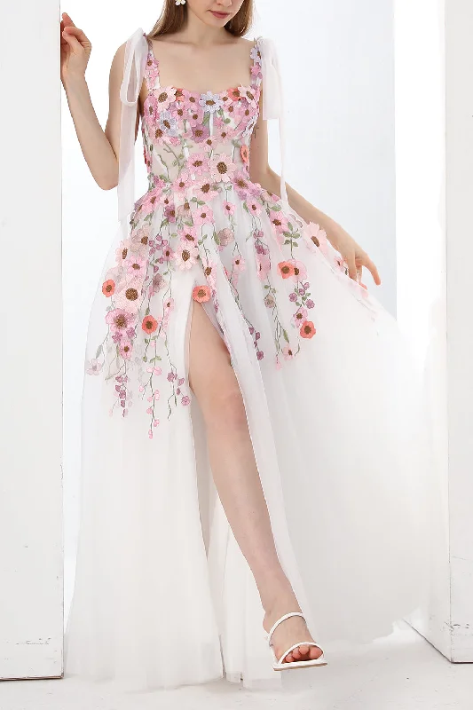 Applique Floral Corset Side Slit Dress with Removable Tie Straps