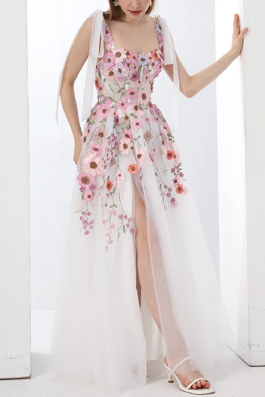 Applique Floral Corset Side Slit Dress with Removable Tie Straps