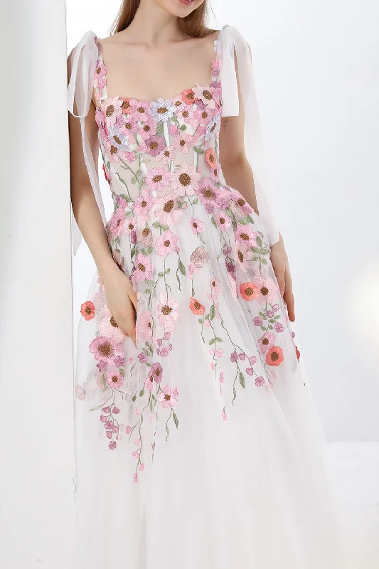 Applique Floral Corset Side Slit Dress with Removable Tie Straps