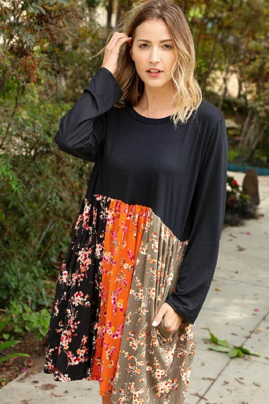 Black Floral Vertical Color Block Dress