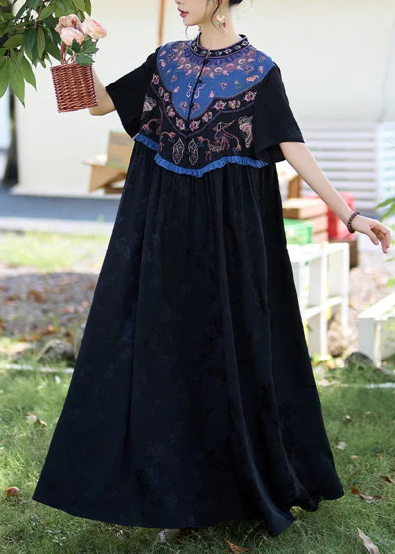 Black Patchwork Silk Long Dress Ruffled Jacquard Stand Collar Summer WW1019