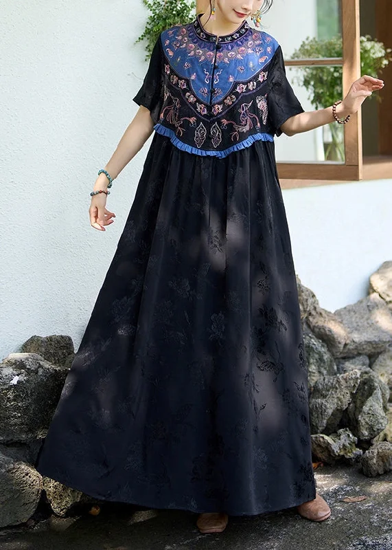 Black Patchwork Silk Long Dress Ruffled Jacquard Stand Collar Summer WW1019