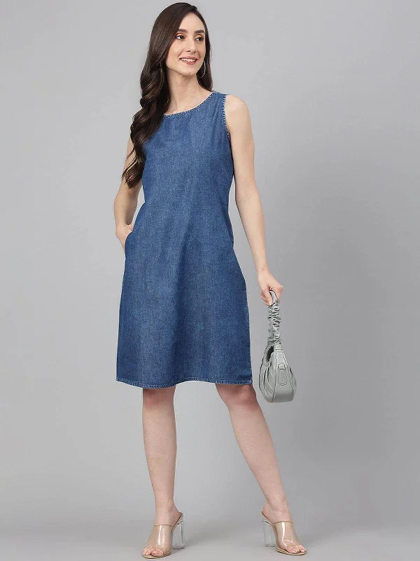 Blue Denim Solid Straight Western Dress